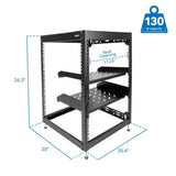 15U 17" Black Steel Open Frame Server Rack with Adjustable Feet and Two Shelves - Mount-It!