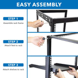 15U 17" Black Steel Open Frame Server Rack with Adjustable Feet and Two Shelves - Mount-It!