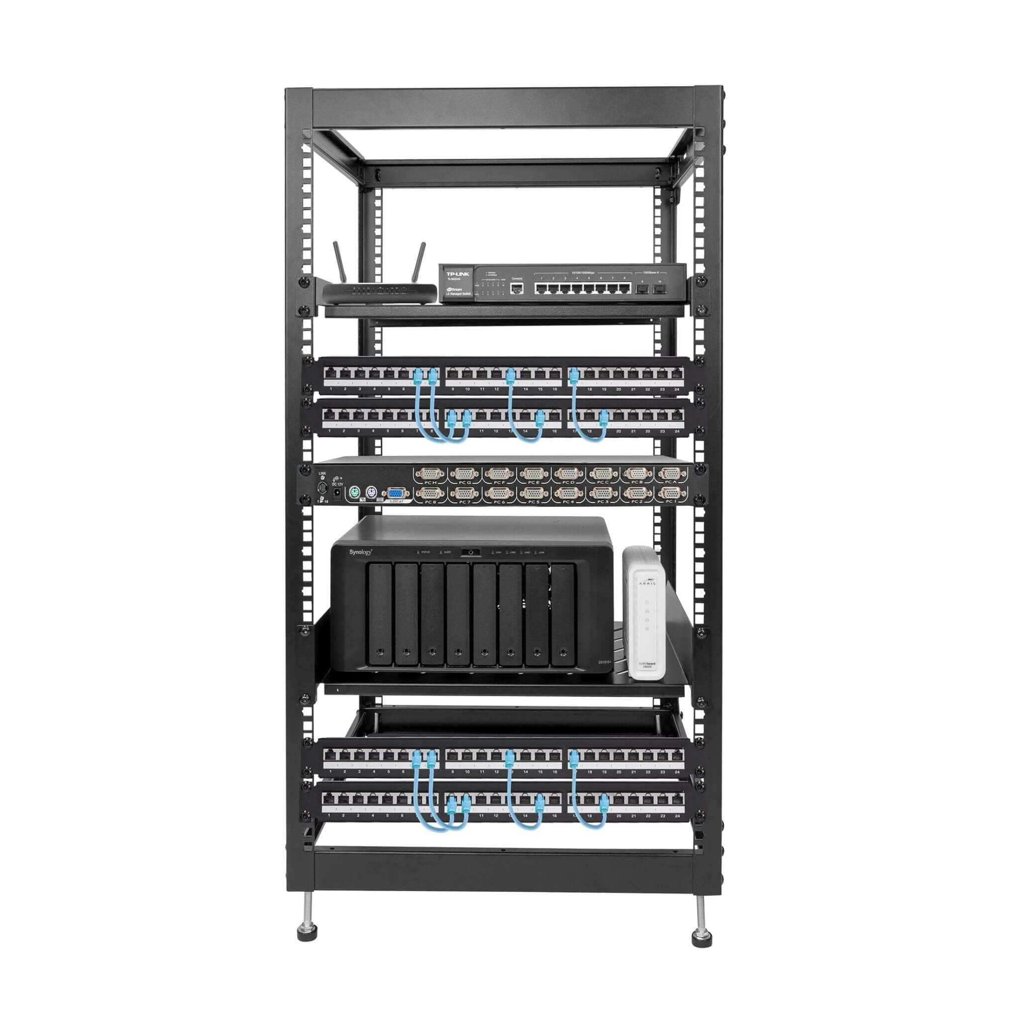 20U 17" Black Steel Open Frame Server Rack with Adjustable Feet and Two Shelves - Mount-It!