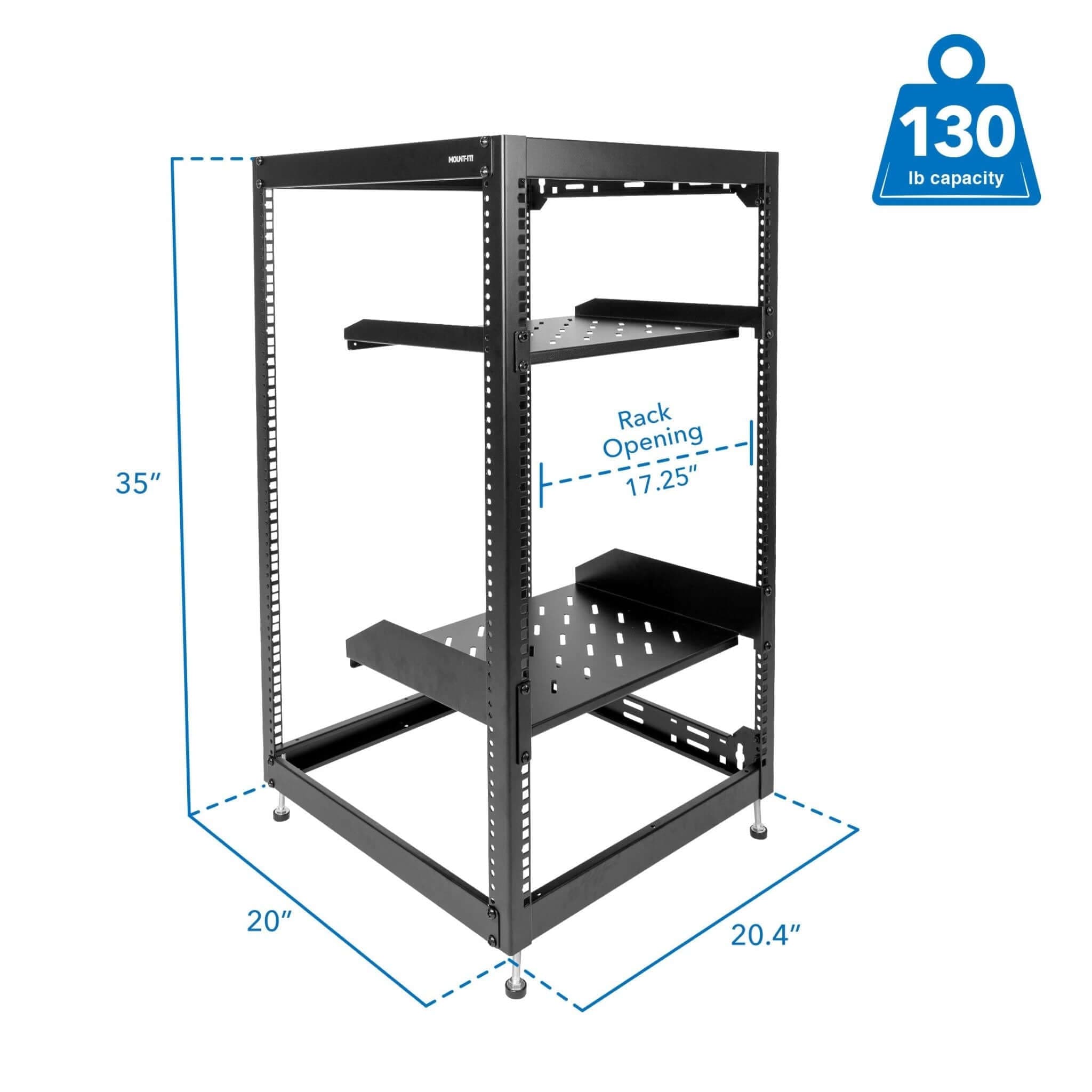 20U 17" Black Steel Open Frame Server Rack with Adjustable Feet and Two Shelves - Mount-It!