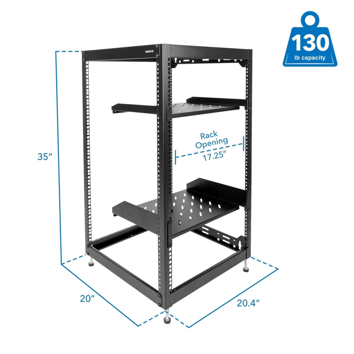 20U 17" Black Steel Open Frame Server Rack with Adjustable Feet and Two Shelves - Mount-It!