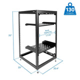 20U 17" Black Steel Open Frame Server Rack with Adjustable Feet and Two Shelves - Mount-It!