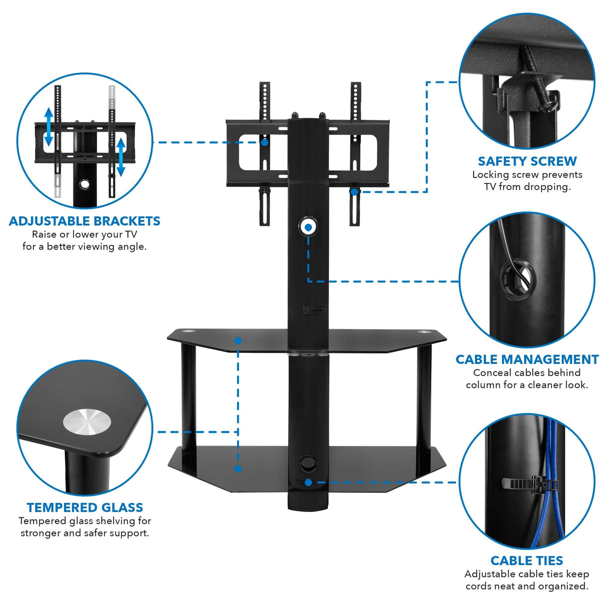 Height Adjustable TV Floor Stand with Mount | 2 Tempered Glass Shelves