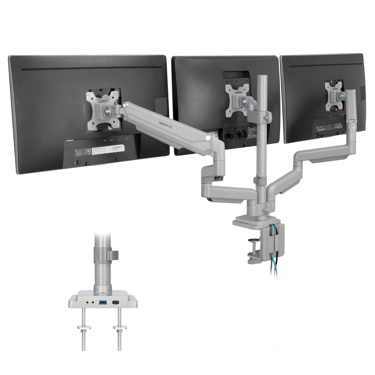 Triple Monitor Desk Mount w/ USB, USB-C & Audio Ports