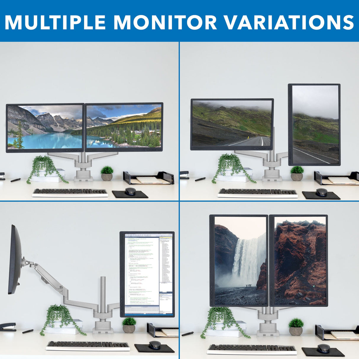 Full Motion Dual Monitor Desk Mount, Height Adjustable with Gas Spring Arms