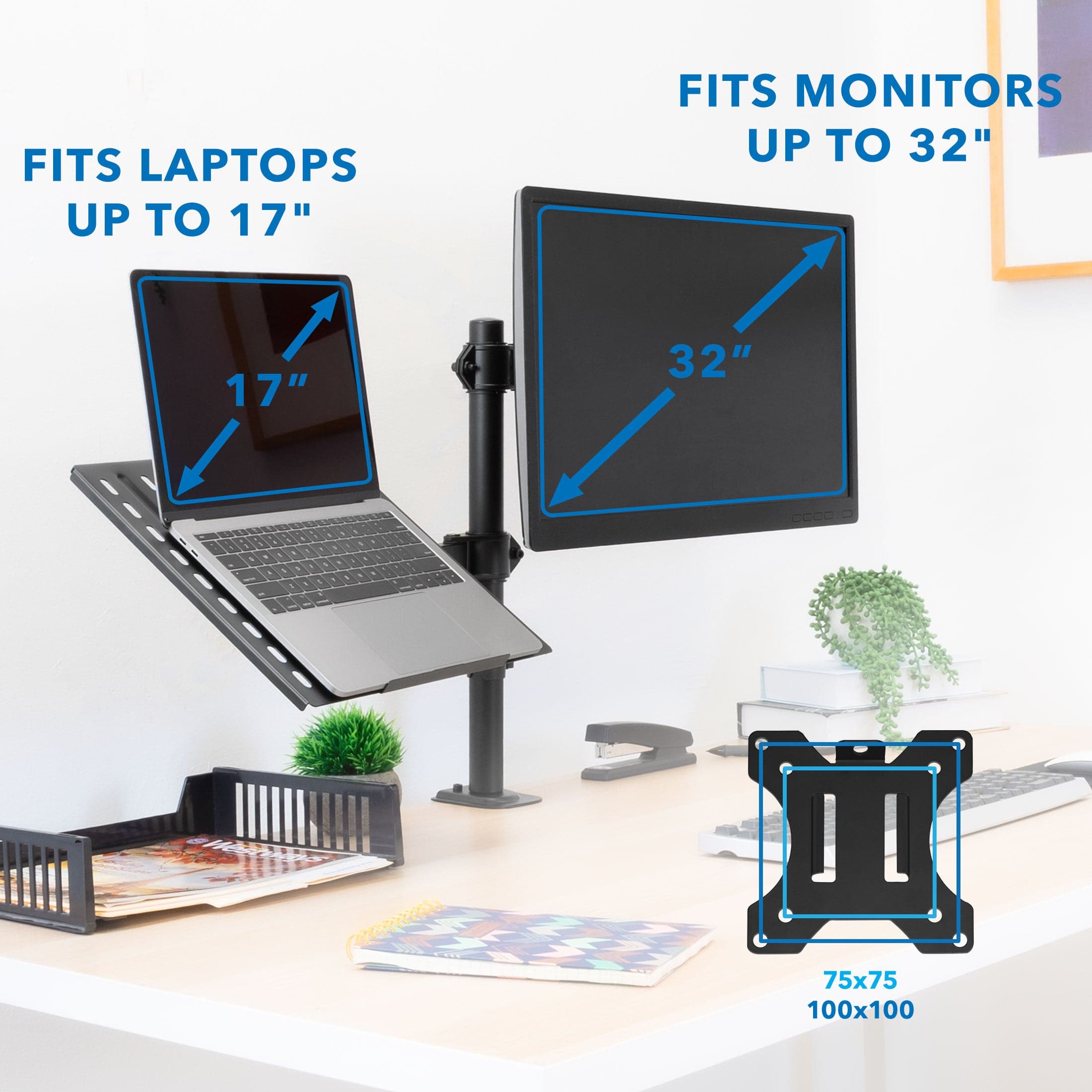 Full Motion Laptop and Monitor Desk Mount with Cooling Tray