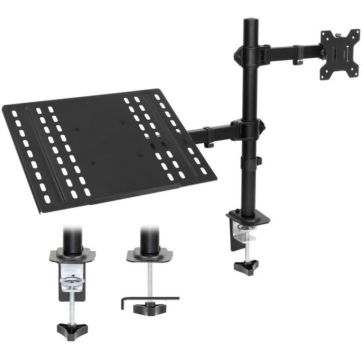 Full Motion Laptop and Monitor Desk Mount with Cooling Tray