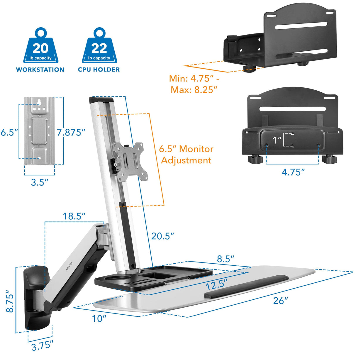 Wall Mounted Sit-Stand Single Monitor Workstation