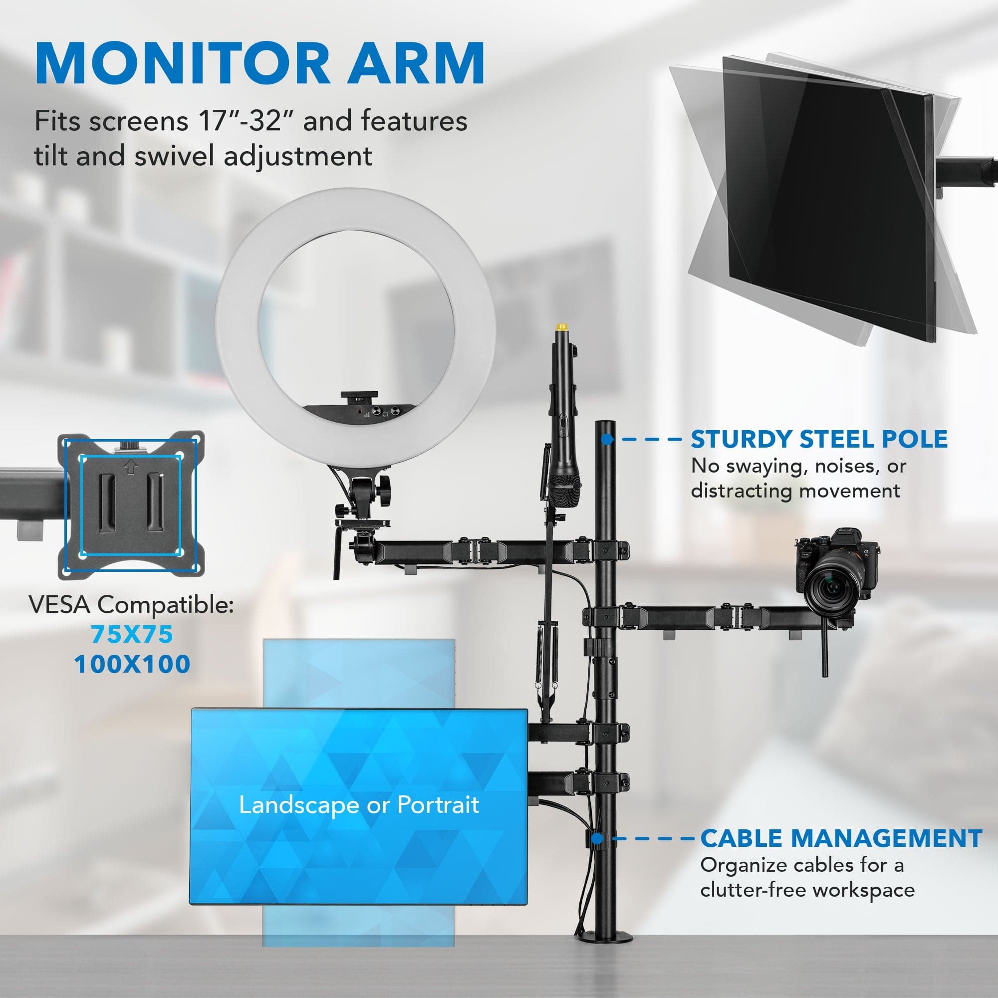 All-In-One Studio Mount for Single Monitor, Camera, Light and Mic - Mount-It!