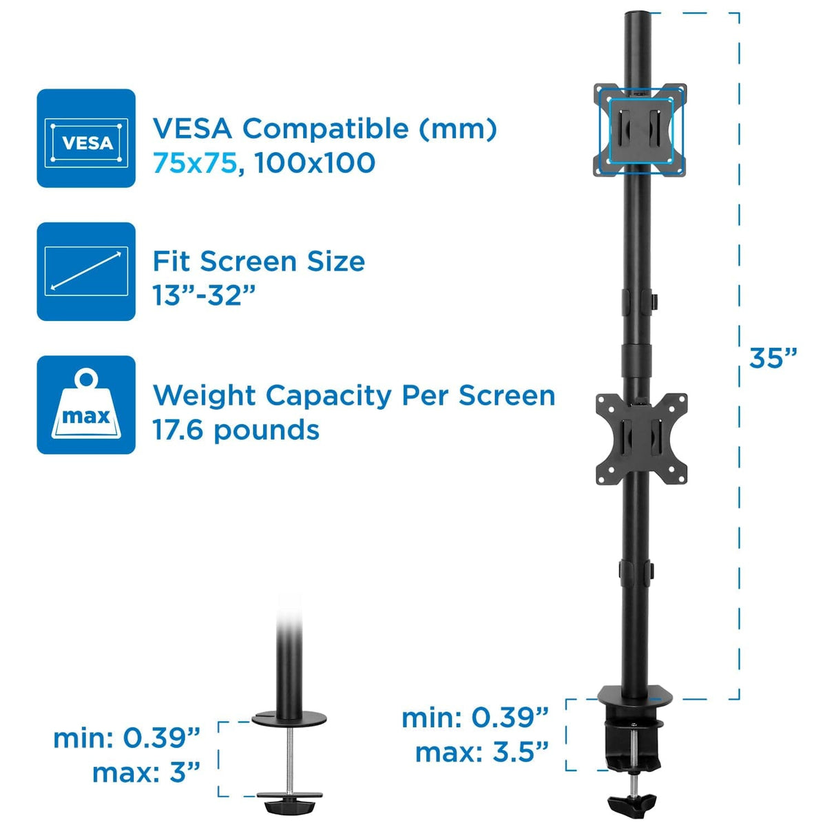 Black Monitor Mount - Vertical Dual Monitor Mount - Mount-It! - MI-1768