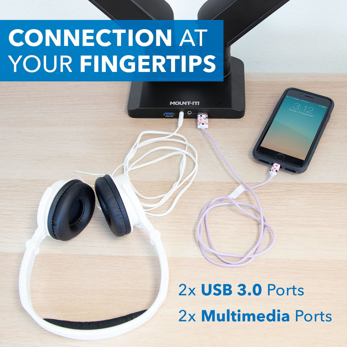 Dual Monitor Desk Mount w/ USB & Multimedia Ports - Mount-It!