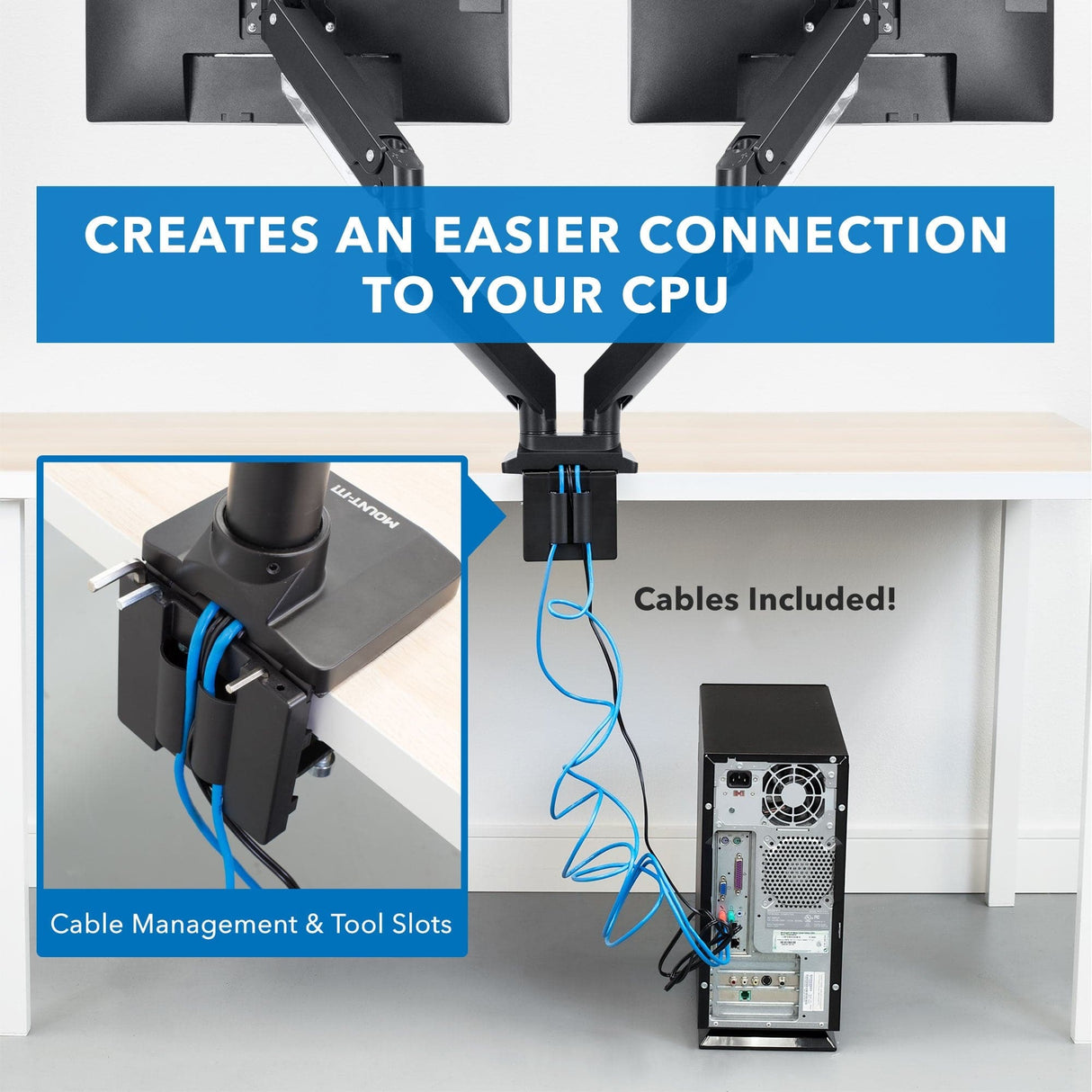 Dual Monitor Desk Mount w/ USB & Multimedia Ports - Mount-It!