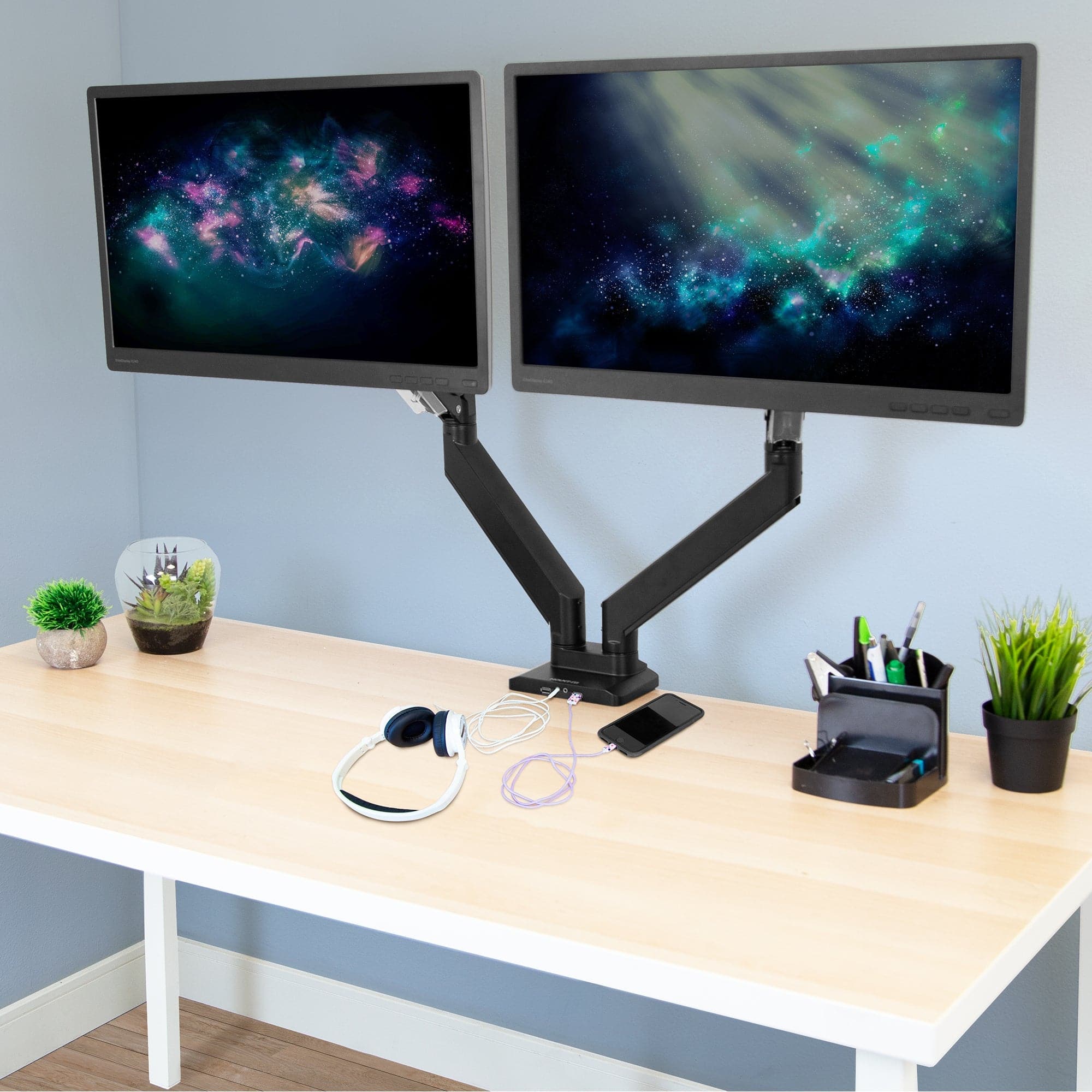 Dual Monitor Desk Mount w/ USB & Multimedia Ports - Mount-It!