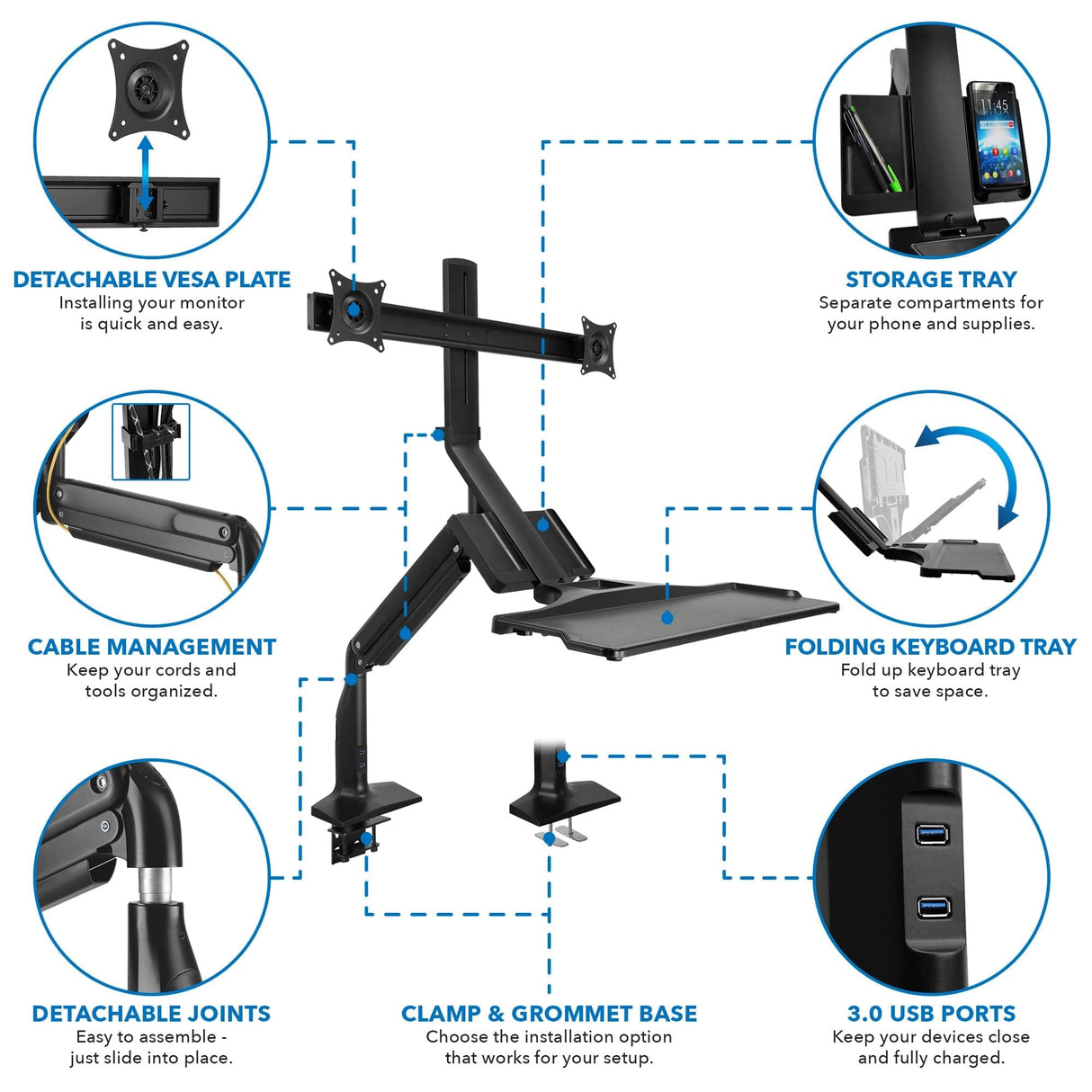 Dual Monitor Sit Stand Desk Mount with USB 3.0 Ports - Mount-It!