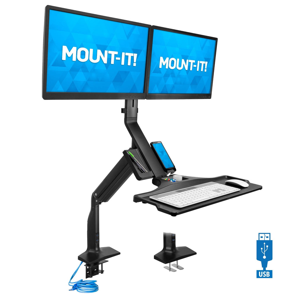 Dual Monitor Sit Stand Desk Mount with USB 3.0 Ports – Mount-It!