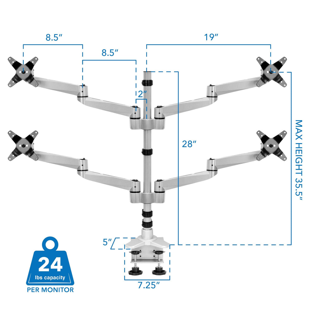 Full Motion Quad Monitor Desk Mount with Clamp and Grommet - Mount-It!