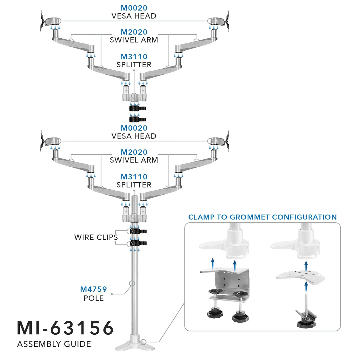 Full Motion Quad Monitor Desk Mount with Clamp and Grommet - Mount-It!