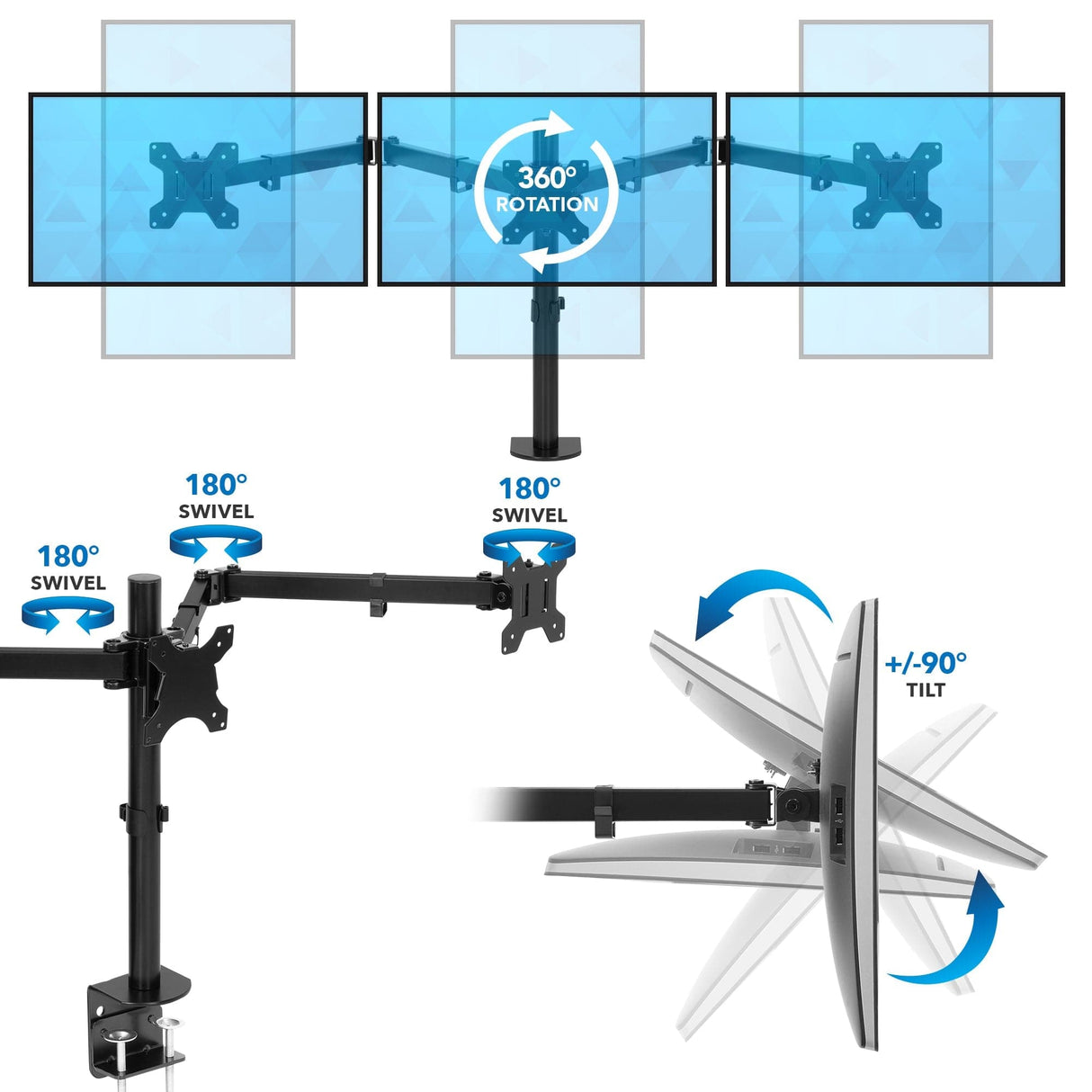 Full Motion Triple Monitor Desk Mount | 24" to 32" Monitors - Mount-It!