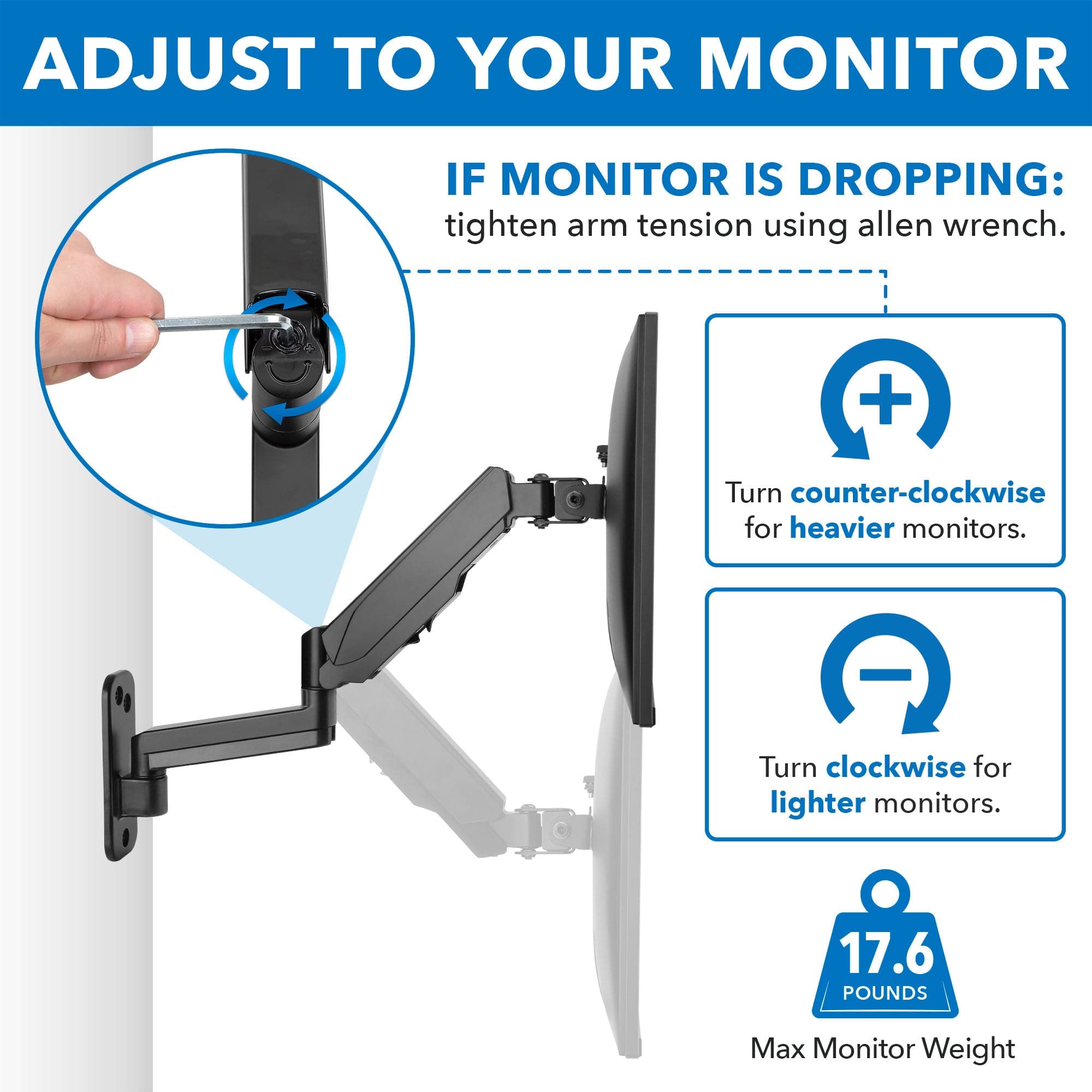 Height Adjustable Single Monitor Wall Mount - Mount-It!