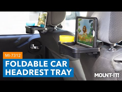 Two headrest tablet or phone trays in backseat of car with tablet showing and cup in cup holder.