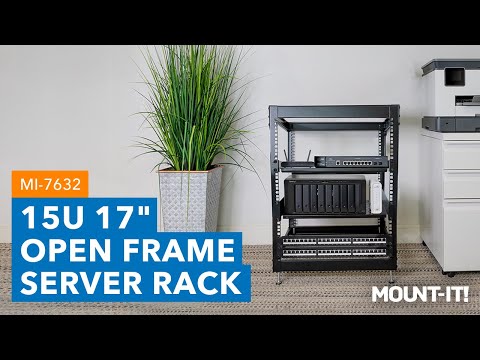 15U 17" Black Steel Open Frame Server Rack with Adjustable Feet and Two Shelves