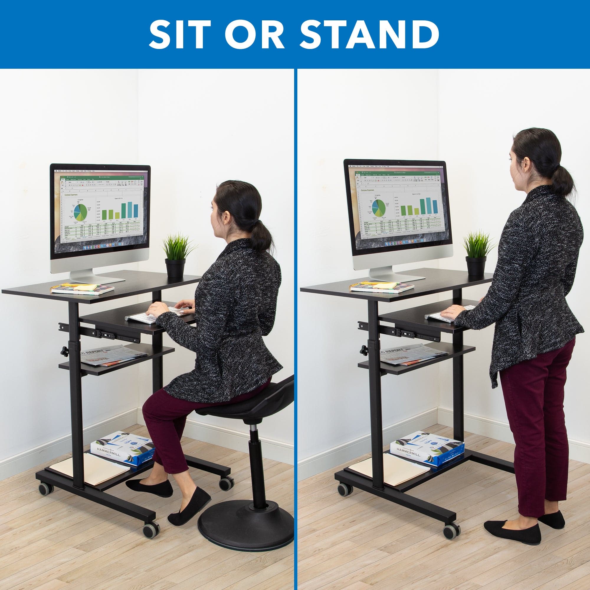 Mobile Standing Desk with Retractable Keyboard - Mount-It!
