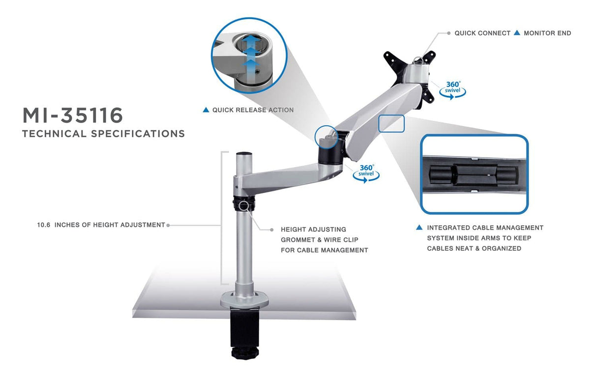 Spring Arm Dual-Segmented Single Monitor Mount - Mount-It!