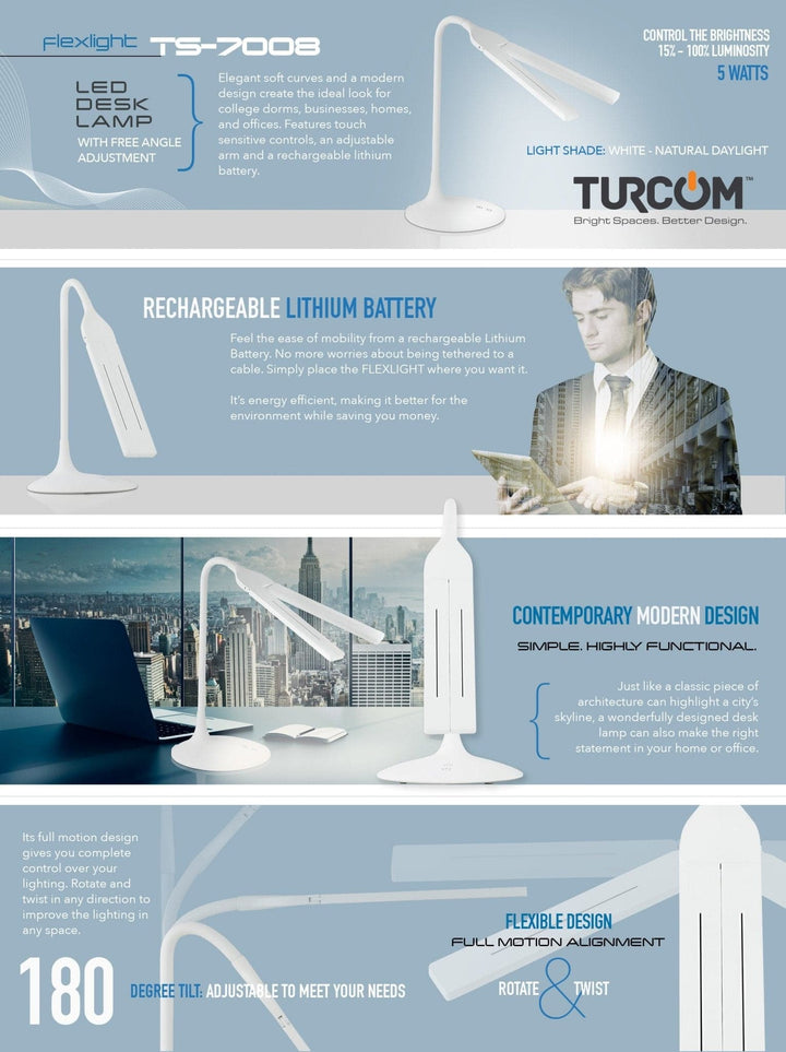 Turcom Flexlight Rechargeable LED Desk Lamp - Mount-It!