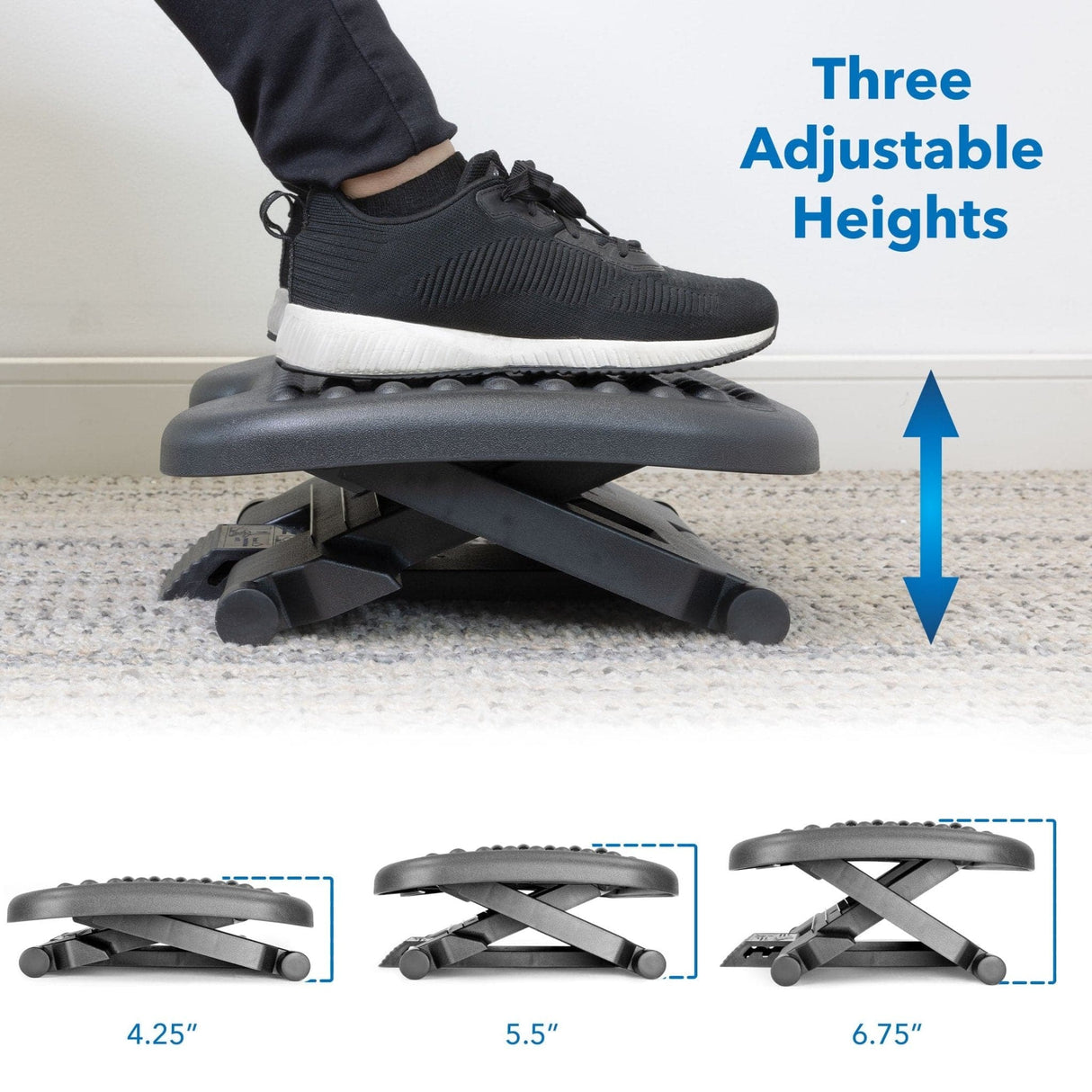 Under Desk Office Footrest with 3-Level Height Adjustment and Rolling Massaging Surface | 17 x 13 Inches - Mount-It!