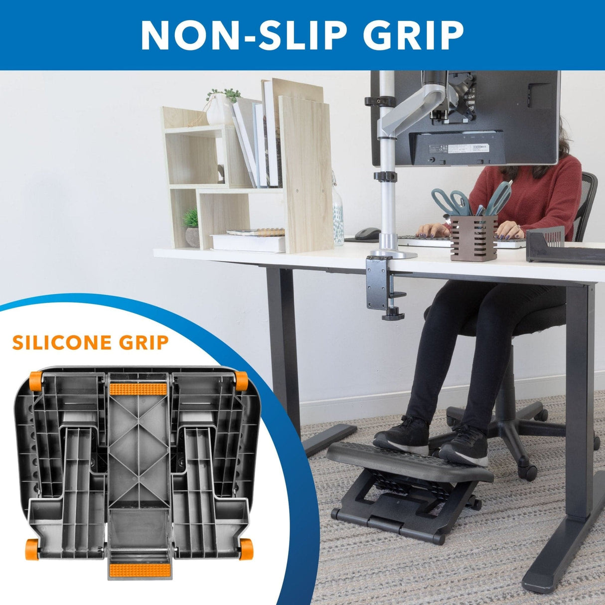 Under Desk Office Footrest with 3-Level Height Adjustment and Rolling Massaging Surface | 17 x 13 Inches - Mount-It!